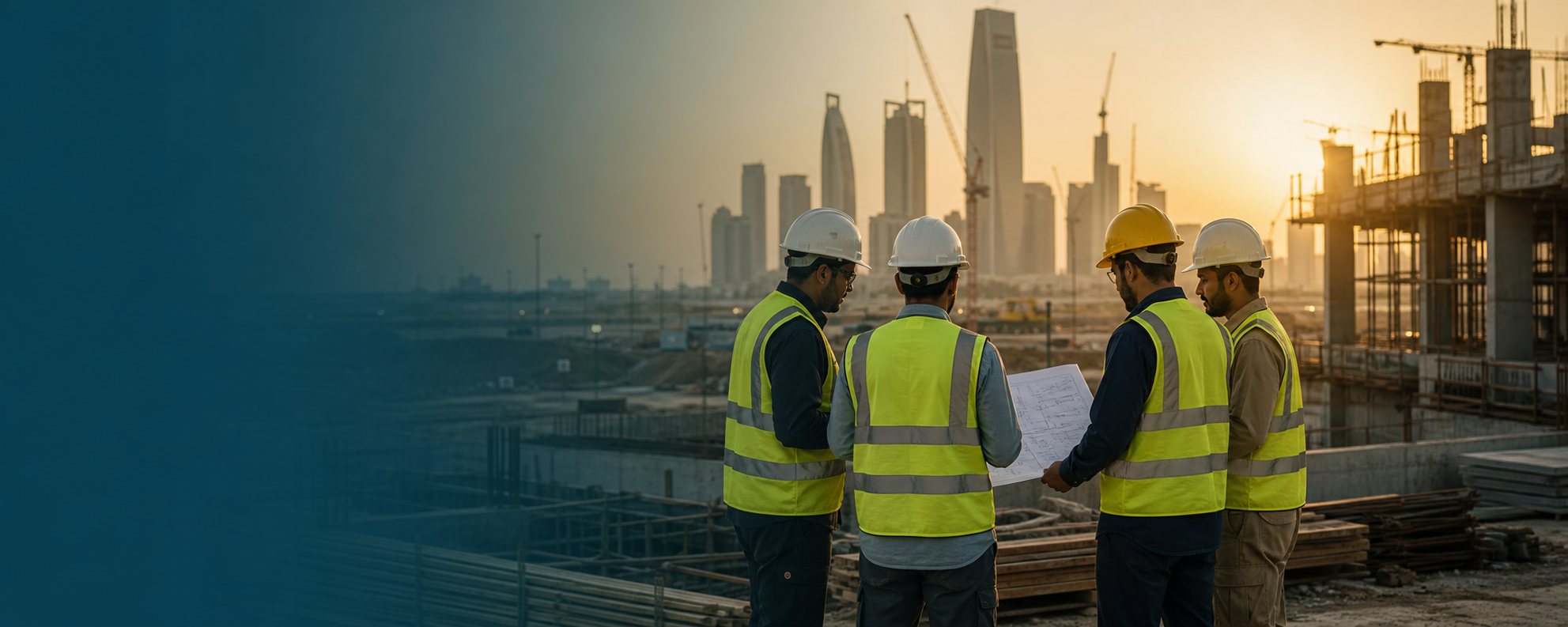 Construction workforce reviewing plans on a Saudi project site